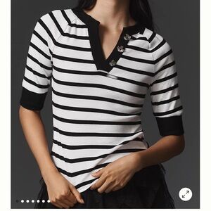 Maeve Black and White Striped Short Sleeve Top